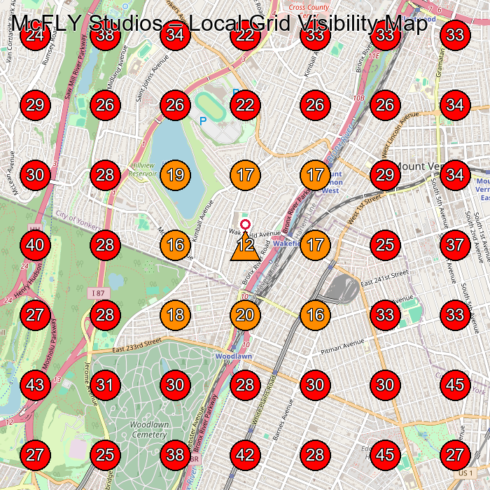 McFLY Studios GeoGrid visibility map for Clothing Store in Bronx